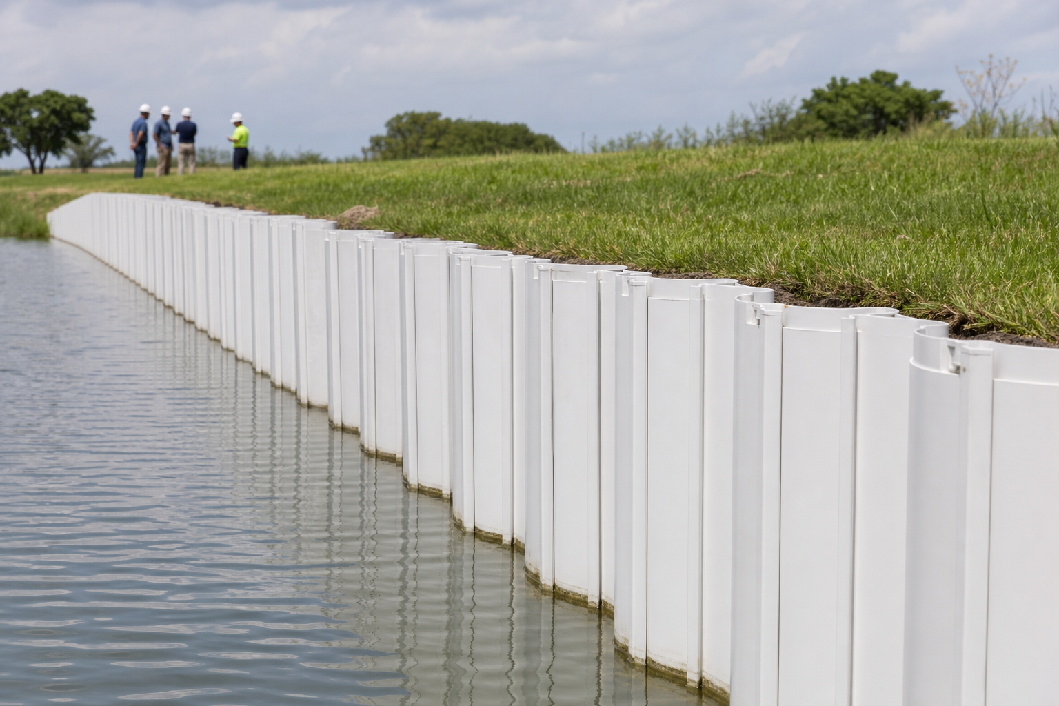 Stacked gray Z-profile PVC sheet piles showing the actual profile shape and interlocking edges.